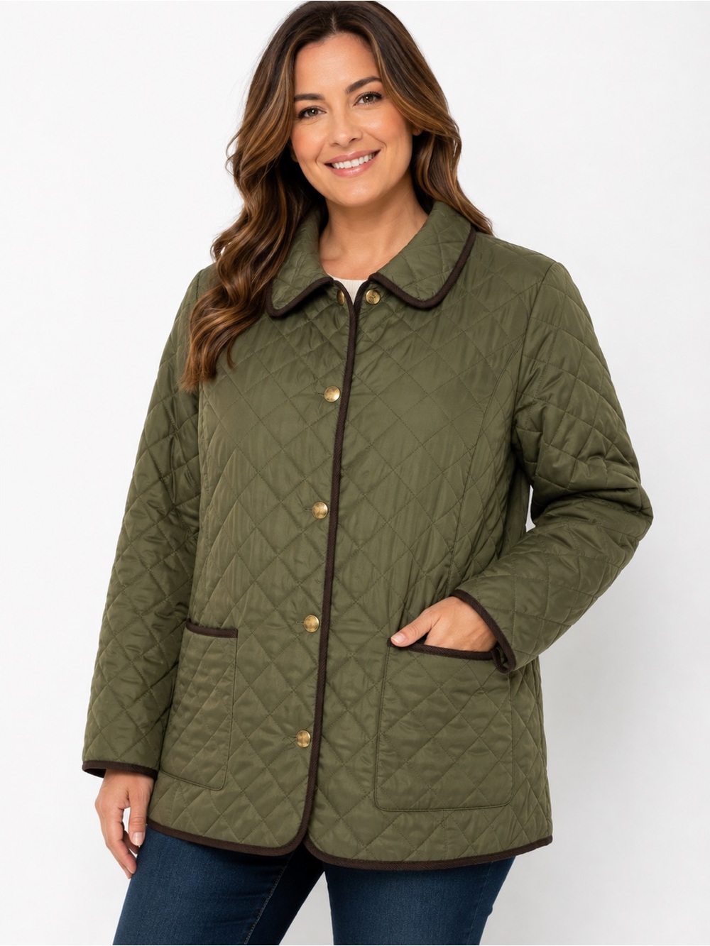 Jessica‎ London Olive Green Quilted Barn Jacket Coat Size 20W Brown Trim light